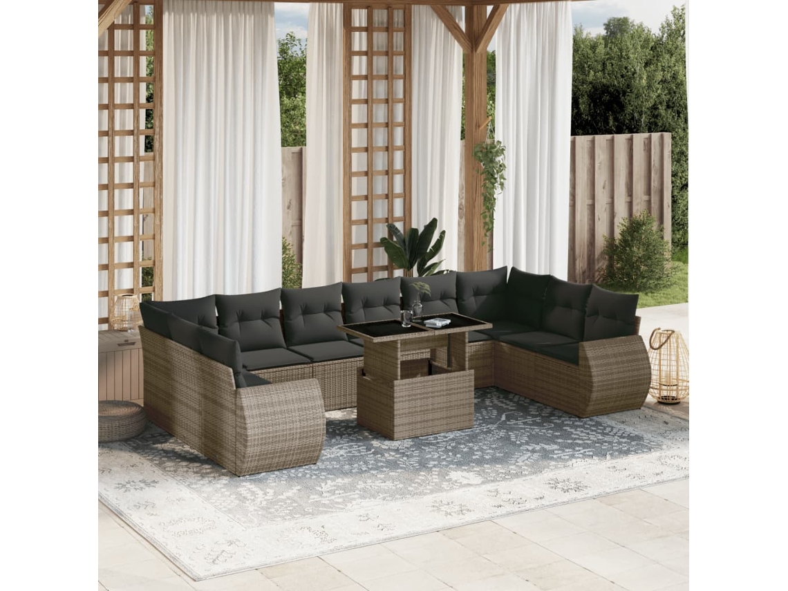 Vidaxl 11 Pcs Conjunto Sofás De Jardim C/ Almofadões Vime Pe Cinzento