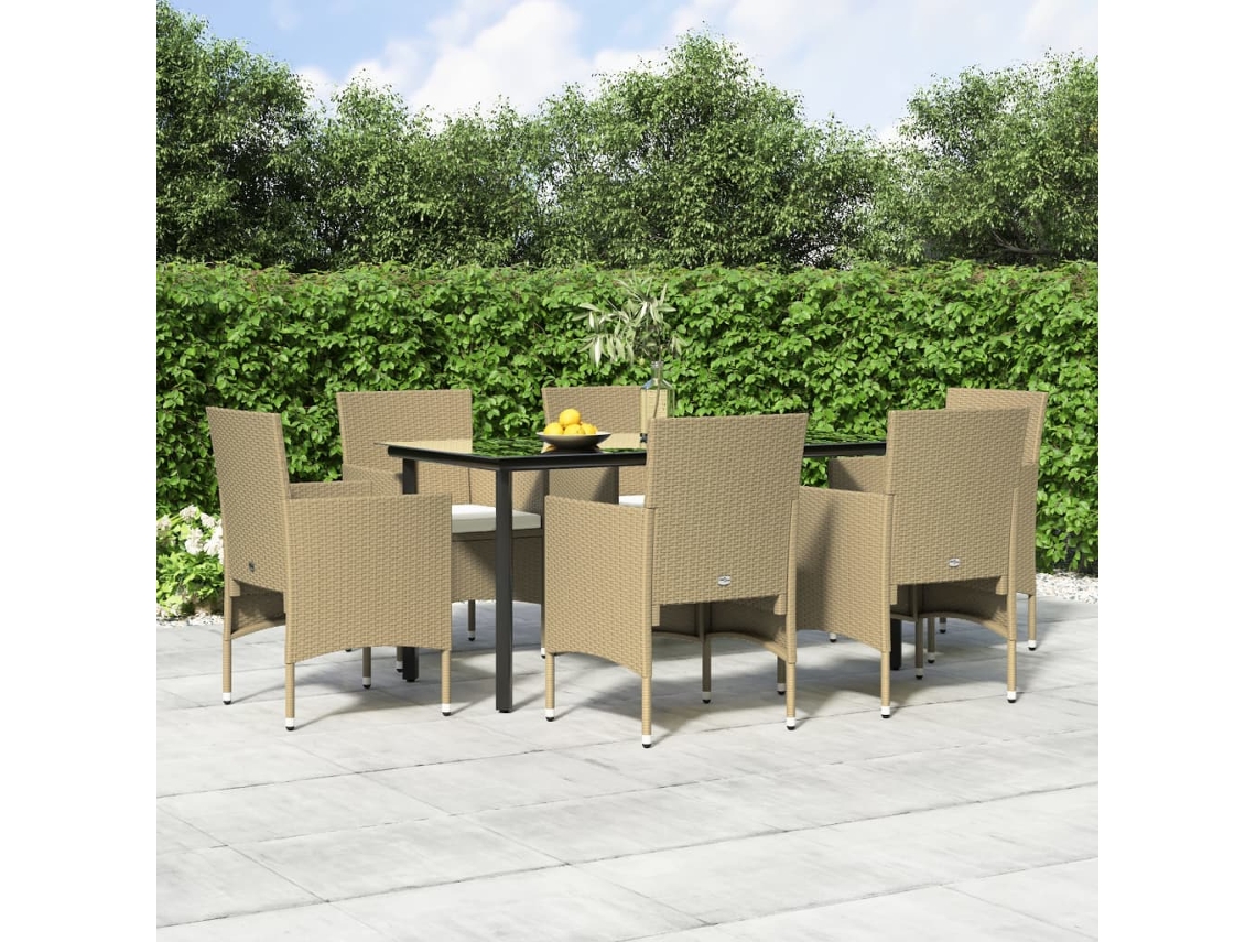 Vidaxl 7 Pcs Conjunto De Jantar P/ Jardim C/ Almofadões Bege E Preto