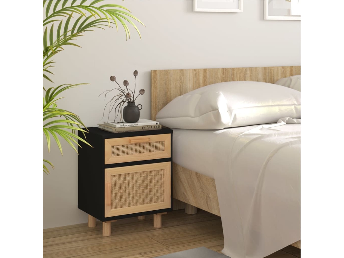 Vidaxl Mesa De Cabeceira Pinho Maciço E Vime Natural Preto