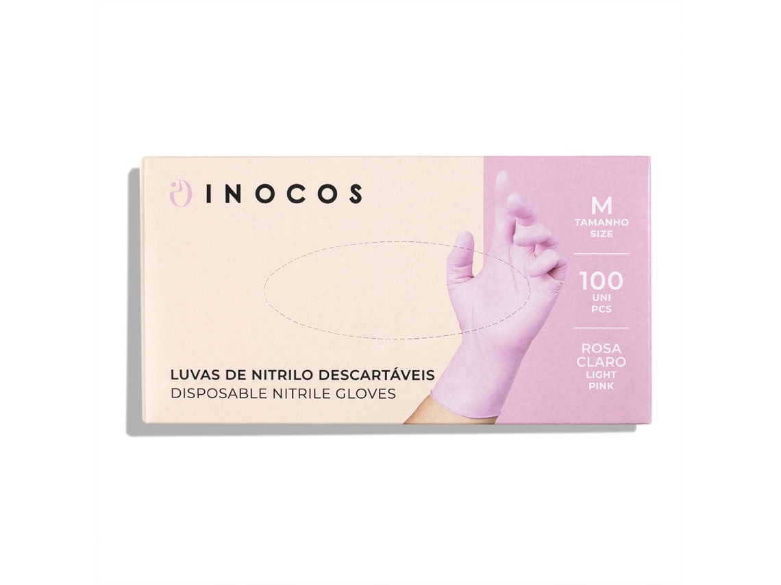 Luvas de Nitrilo Descartáveis Rosa Sem Pó Caixa 100uni M INOCOS