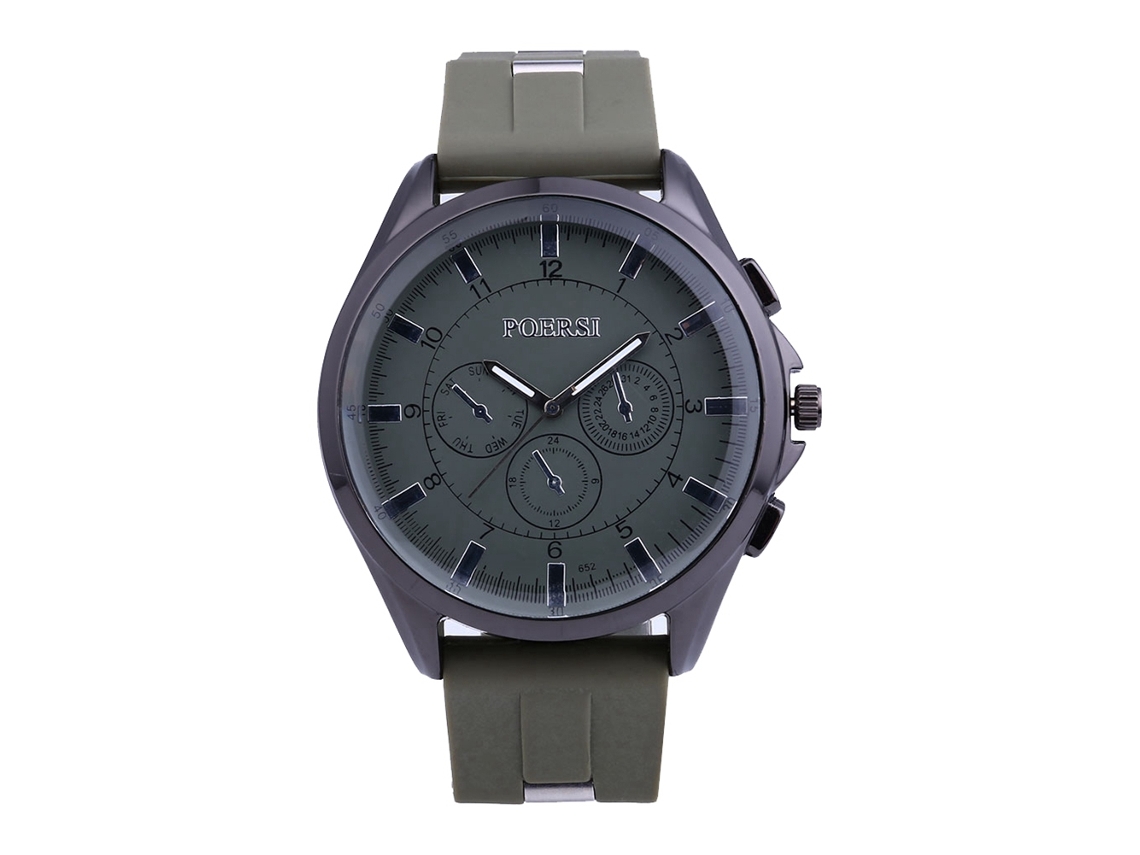 Relógio masculino casual de silicone com três mostradores, movimento de quartzo e pulseira verde militar.