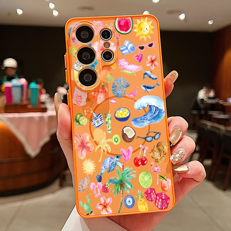 Capa Magnética Para Celular Galaxy S23 Ultra (laranja) Com Estampa De Frutas E Conchas Do Verão