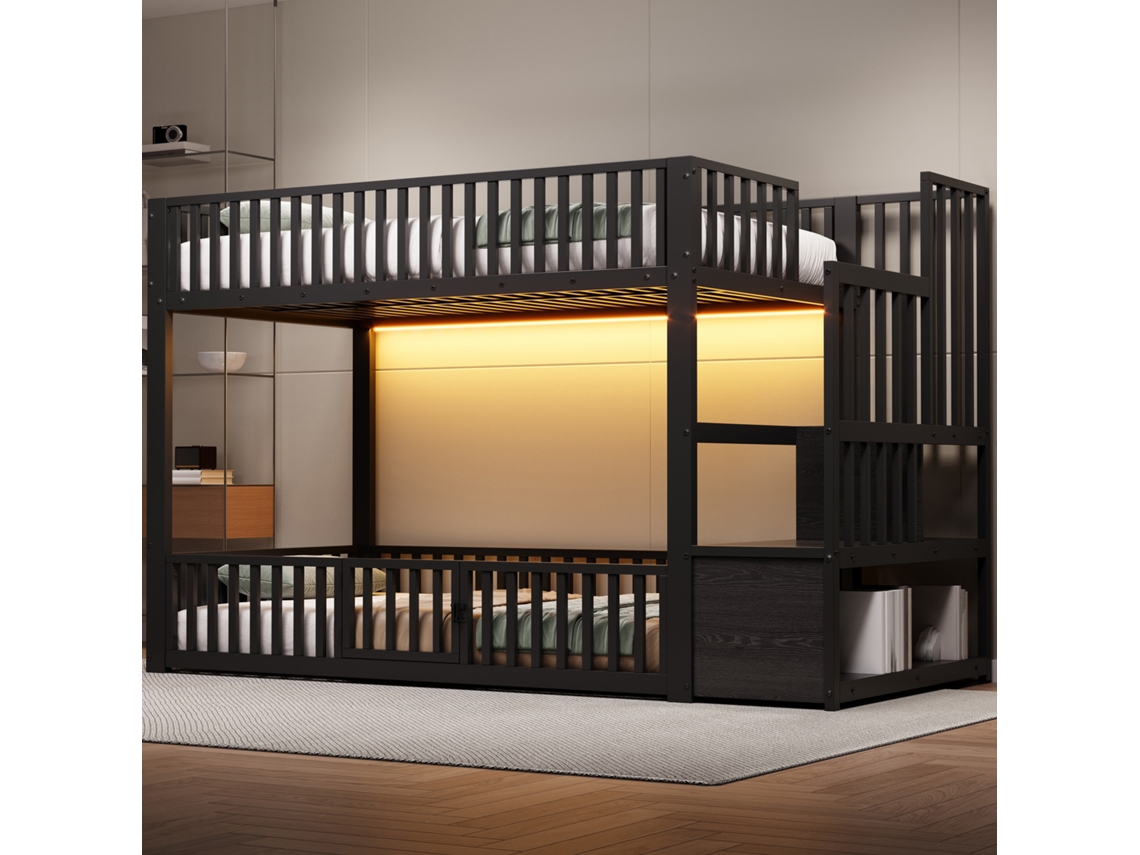 Beliche 90x200 Com Escada De Arrumação, Com Led, Preto.