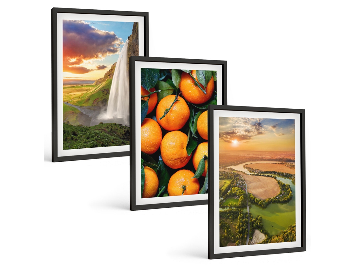 Um Conjunto De Imagens Decorativas Em Uma Moldura Cachoeira, Montanhas, Laranjas Moldura Preta Pinturas De Quarto Espelharte (3 Piezas De 40x60 Cm)