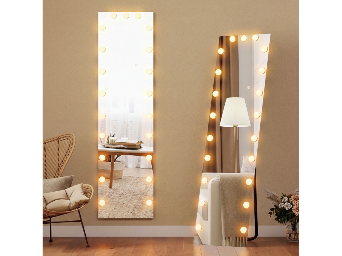 Full-length Mirror 150x40 Cm Rgb-led Standing Mirror With 21 Light Bulbs 7 Light Colors Touch Switch Memory Function