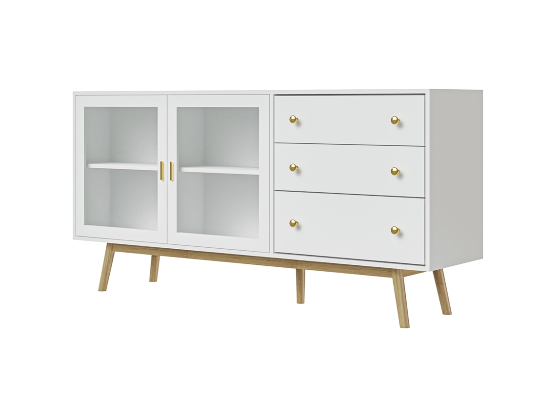 Aparador 2 portas vidro e 3 gavetas 160x40x80 Cm pés de madeira de borracha, branco | S/MARCA