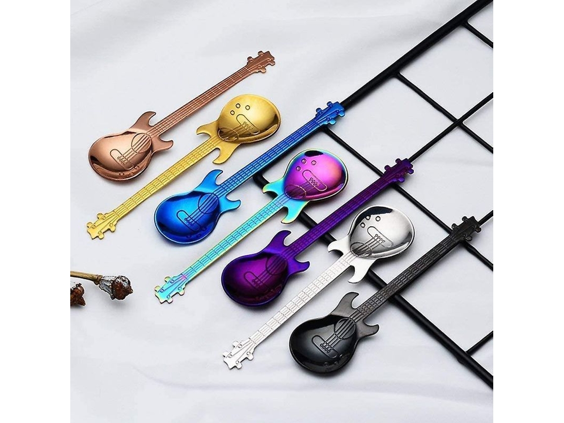Nova Line conjunto de 7 Colheres de Café em Aço Inoxidável Forma de Guitarra Colorida Pequeno Presente