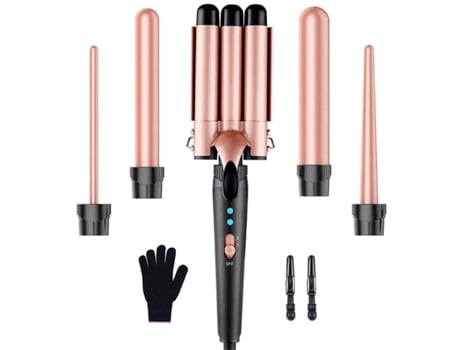 Modelador De Cabelo De 3 Barras Para Ondas De Praia, Kit 5 Em 1 Com Encaracolador Rápido S/macra