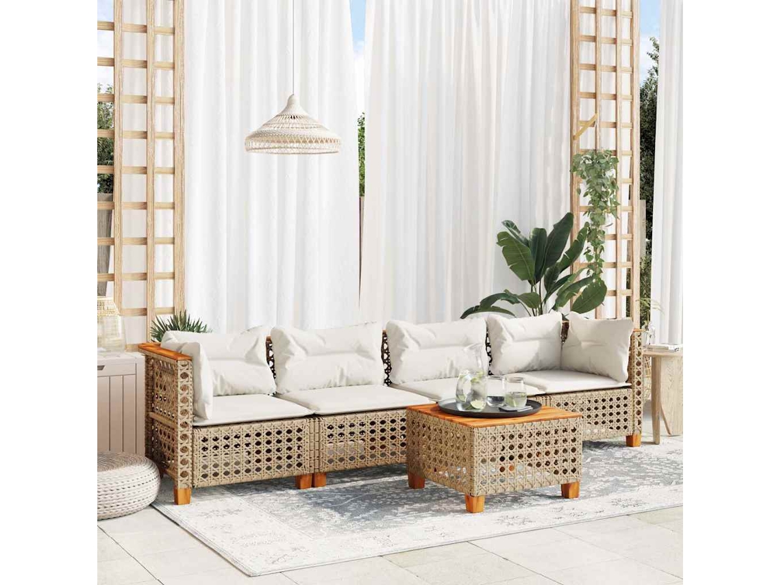 Vidaxl 5 Pcs Conjunto De Sofás P/ Jardim Com Almofadões Vime Pe Bege