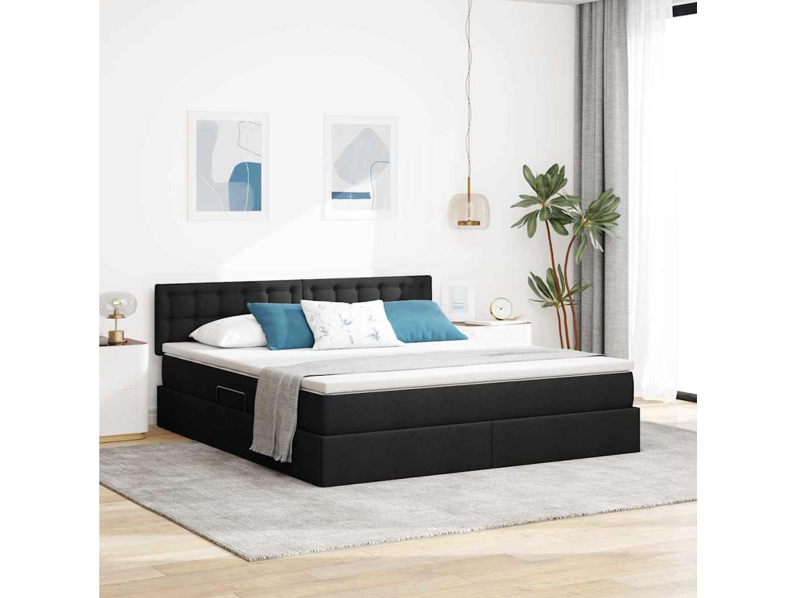Vidaxl Cama De Armazenamento Led Com Colchão Preto 160 X 200 Cm Tecido