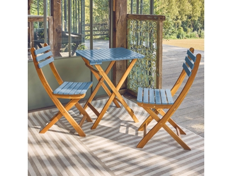 Mesa de jardim em madeira de acácia, 2 cadeiras dobráveis, Azul