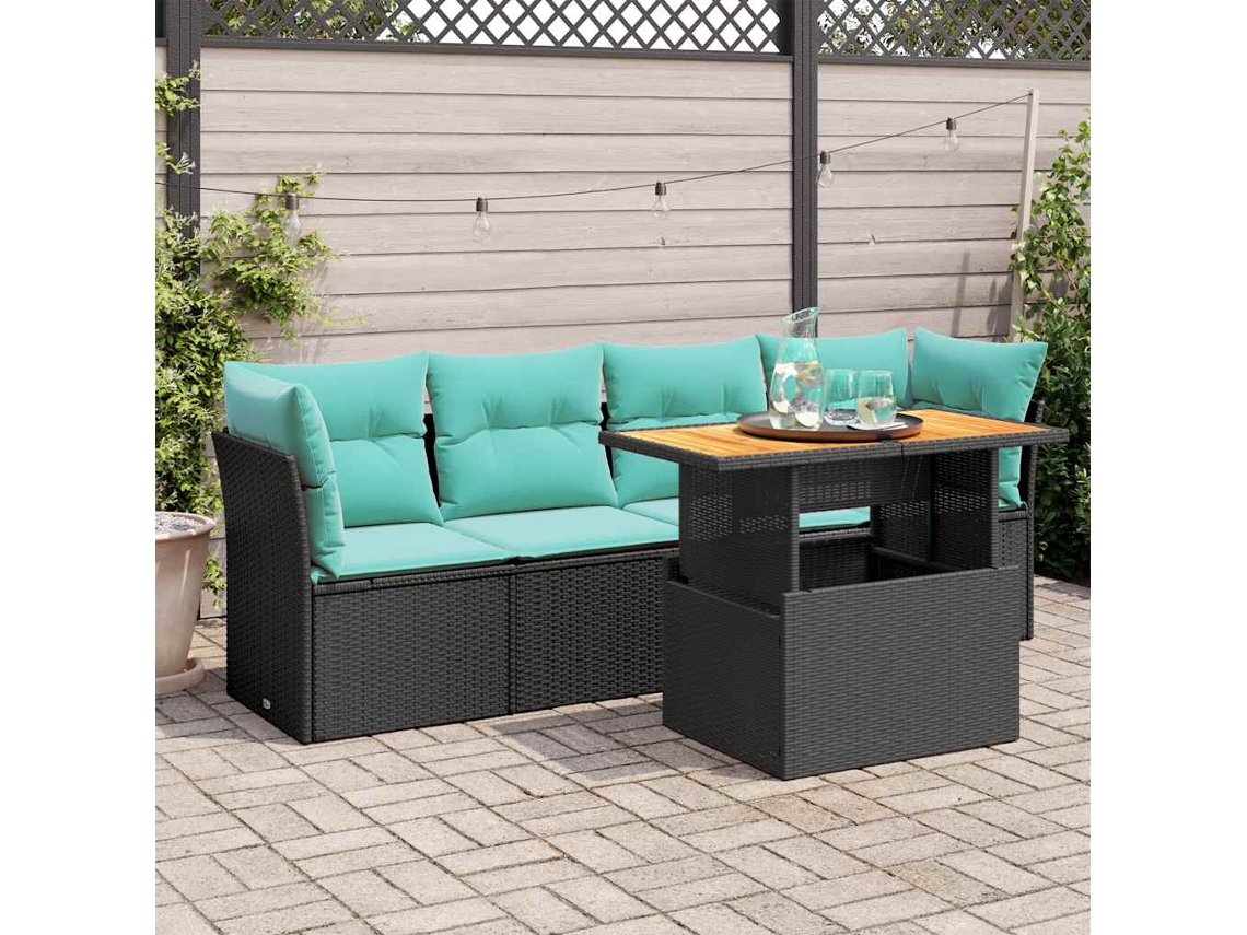Vidaxl 5 Pcs Conjunto Sofás De Jardim Com Almofadões Vime Pe Preto