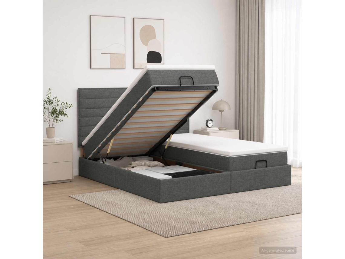 Vidaxl Cama Ottoman Com Colchão 2 Unid. Cinzento-escuro Tecido