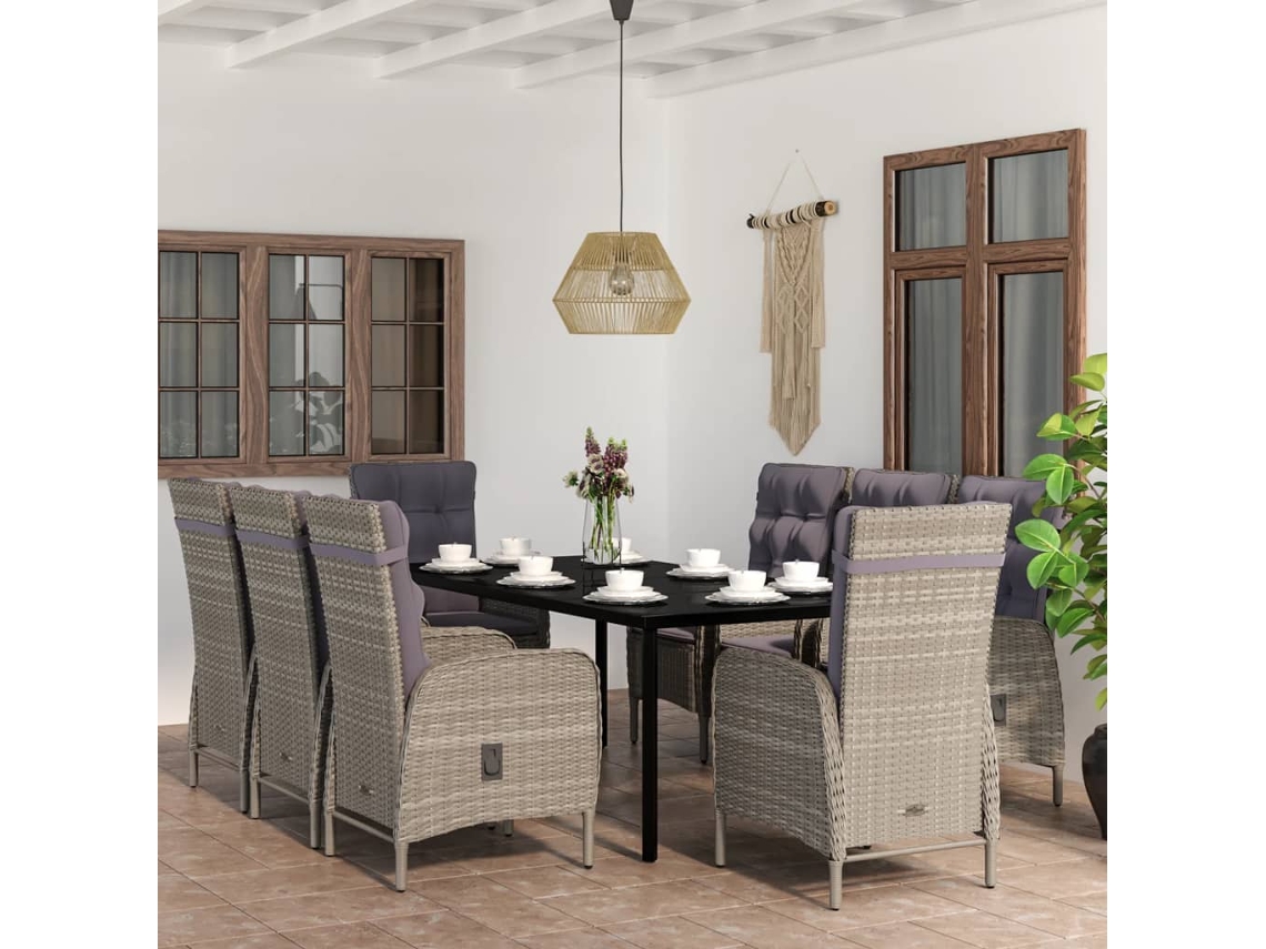 Vidaxl 9 Pcs Conjunto de Jantar para Jardim C/ Almofadões Cinza/preto