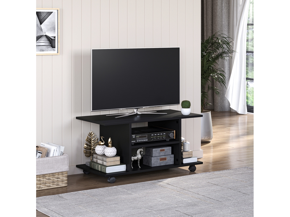 Móvel Tv, Metal Mdf Preto, Sala Quarto, Para Tv 42 Polegadas, Rodízios Freio, Prateleiras Laterais, 80x40x40 cm