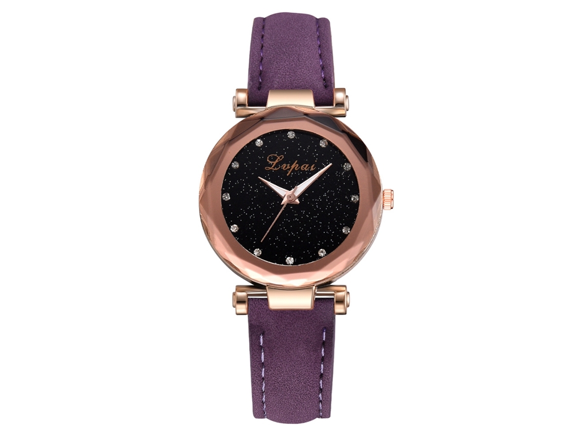 Relógio de Pulso Feminino Lvpai com Cristais Strass Pulseira de Couro Pu Quartz Roxo