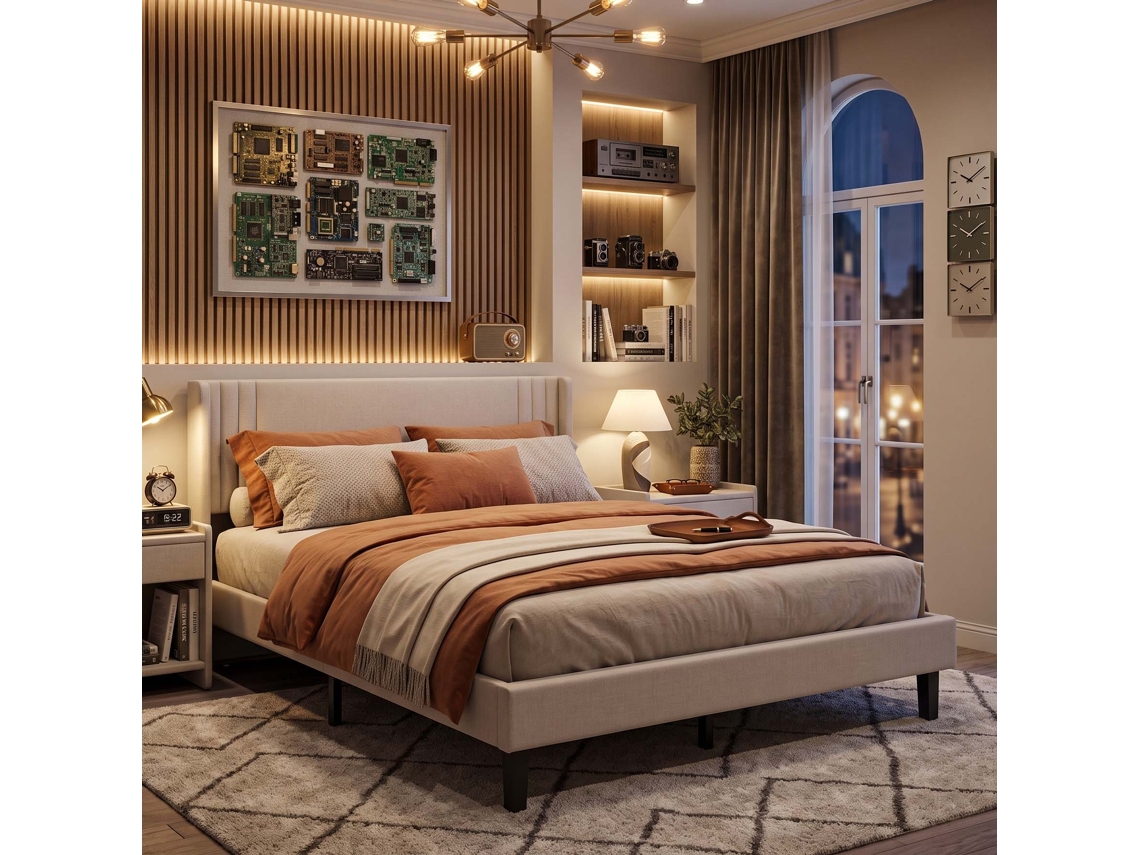 Lazyspace Cama De Casal Estofada Em Linho 140x200 Cm Com Cabeceira Almofadada E Estrado De Ripas - Bege