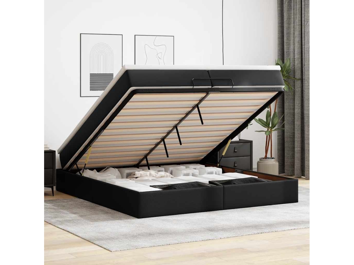 Estrutura De Cama Otomana Com Colchões Pele Artificial Preta