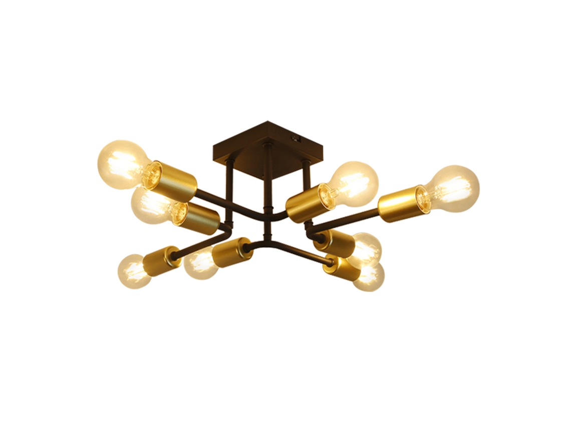 Nettlife Luz De Teto 48,5 × 48 × 16 Cm E27 Lâmpada Industrial De Metal Vintage Com 8 Lâmpadas, Preta E Dourada, Para Quarto, Sala, Cozinha, Máx. 25 W