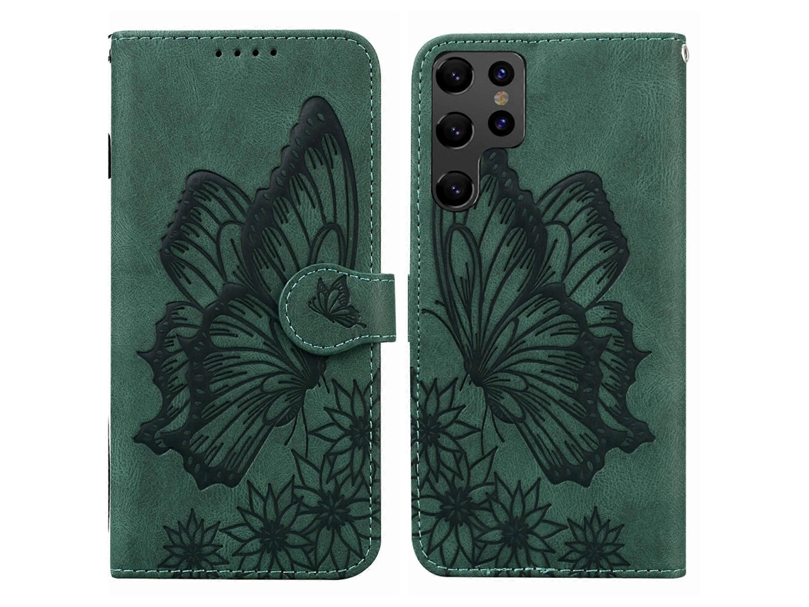 Capa De Couro Com Estampa De Borboletas Em Relevo E Toque Retrô Para Samsung Galaxy S23 Ultra 5g.