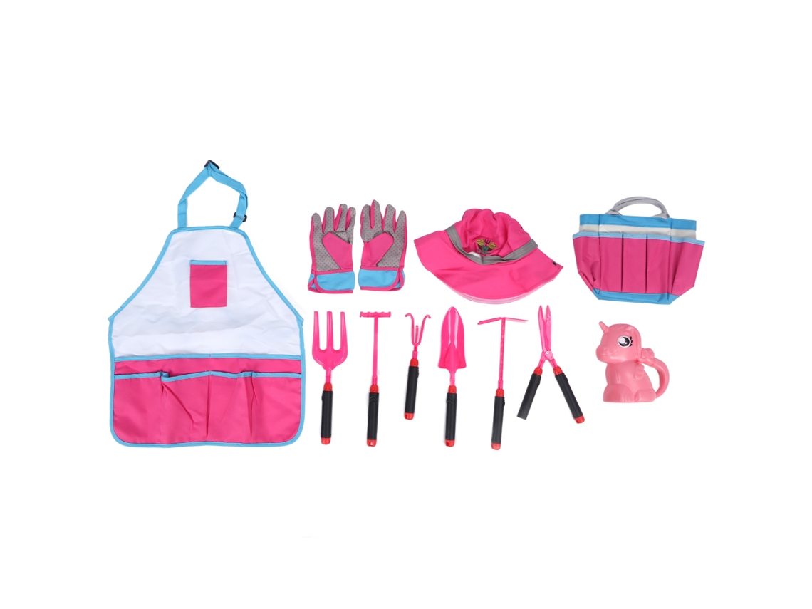 Conjunto De Jardinagem Para Crianças Avental Boné Luvas Ferramentas Brincadeira Rosa