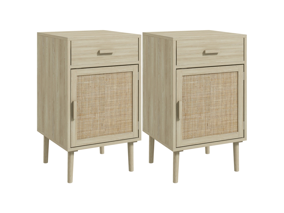 Conjunto de 2 mesas de cabeceira com gaveta de rattan e prateleira ajustável, 40x40x68,5cm, carvalho BTFORUS