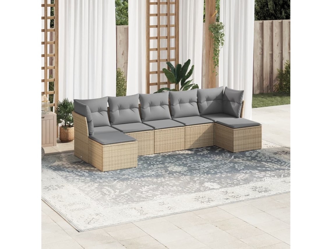 Vidaxl 7 Pcs Conjunto De Sofás P/ Jardim Com Almofadões Vime Pe Bege