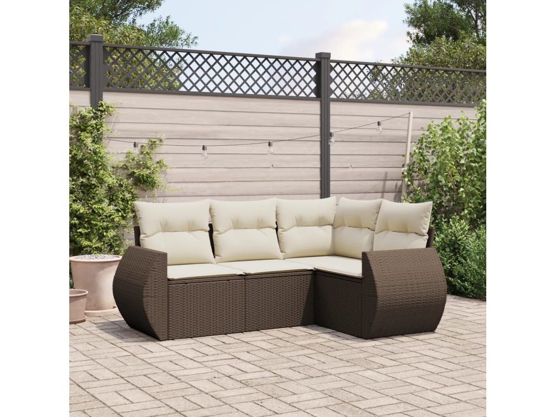 Vidaxl 4 Pcs Conjunto Sofás De Jardim C/ Almofadões Vime Pe Castanho