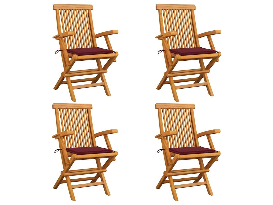 Vidaxl Cadeiras Jardim C/ Almofadões Vermelho Tinto 4 Pcs Teca Maciça