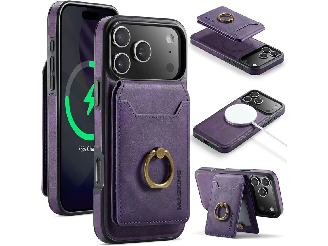 Capa Removível Magnética Para Iphone 17 Pro , Para Magsafe, Rfid, Pele Porta Cartões Roxo Hexinyigjly
