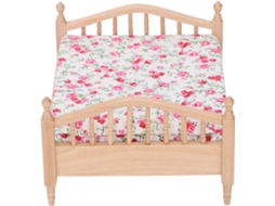 Cama em Miniatura para Casa de Bonecas SFUSHOS com Detalhes em Madeira e Design Floral