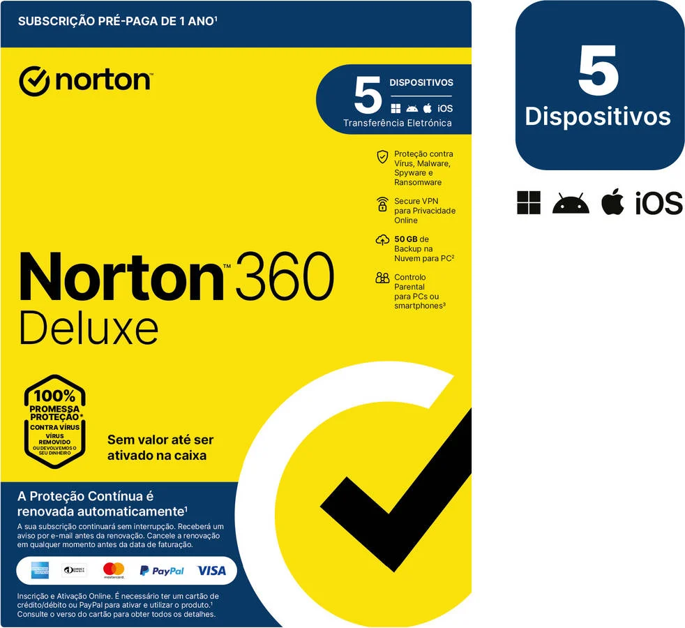 Software NORTON 360 Deluxe ESD 50GB (5 Dispositivos - 1 Ano - Smartphone, PC e Tablet - Formato Digital)