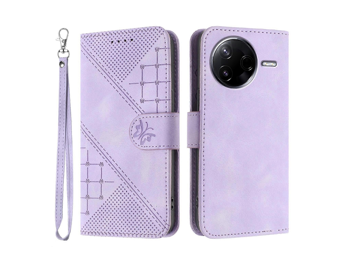 Capa Tipo Carteira De Couro Com Estampa De Borboleta E Alça Roxa Para Xiaomi Redmi K80 5g / Xiaomi Poco F7 Pro 5g
