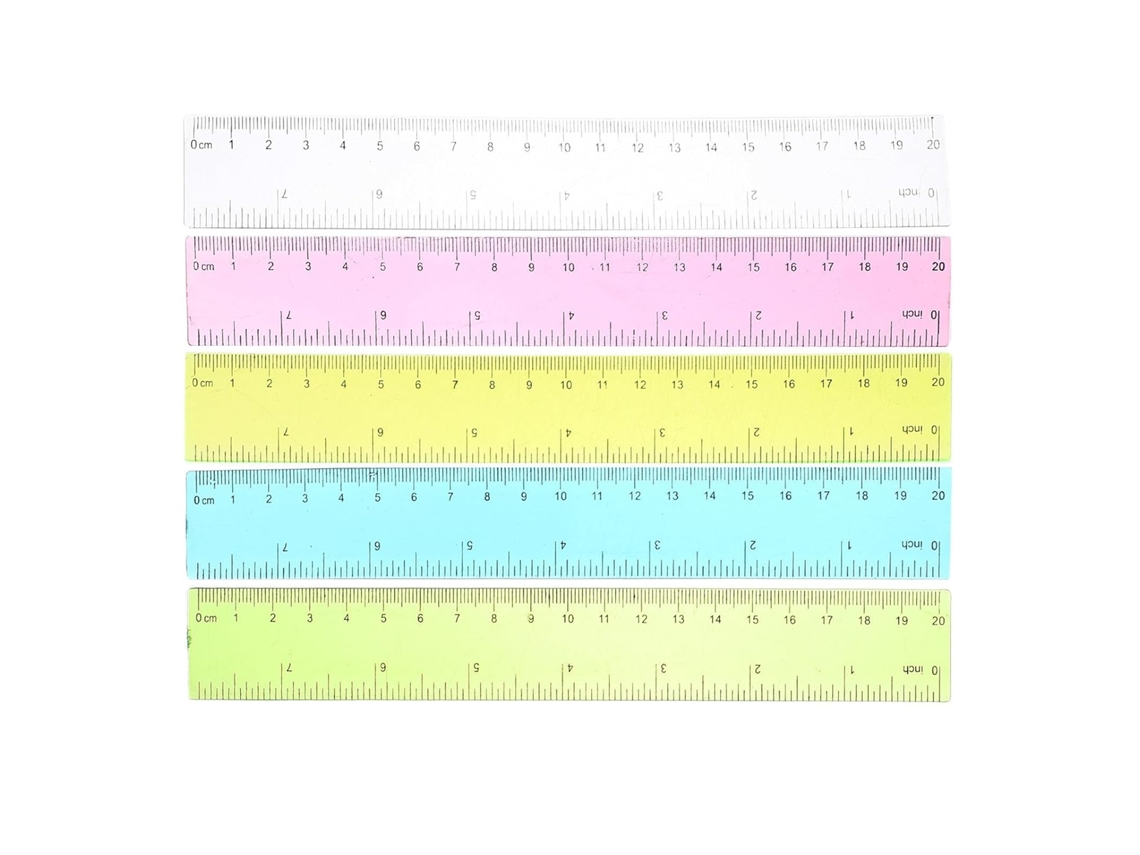 Régua de plástico colorida de 20 cm, resistente e leve, ideal para mesa de estudante, pacote com 5 unidades.