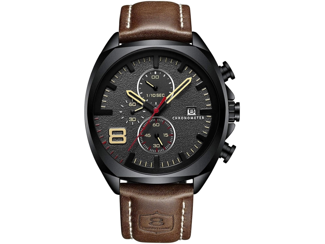 Relógio de Pulso Clássico para Homem com Bracelete de Couro Impermeável de Aço Inoxidável Cronógrafo de Quartzo