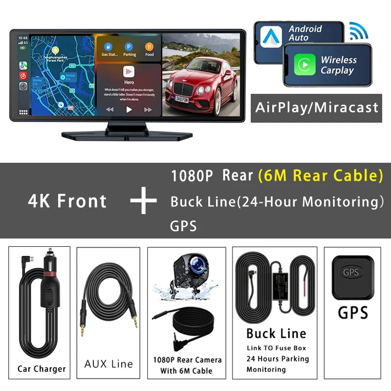 (dvr-6m-bl-gps 128g) Câmera Veicular 4k, 10,26 Polegadas, Carplay, Gps E Lente Dupla