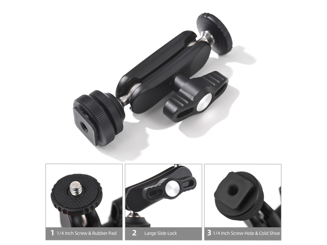 Mini Adaptador Duplo de Cabeça Esférica com Sapata Fria e Parafuso 1/4 para Câmera DSLR, Monitor, Luz LED e Microfone