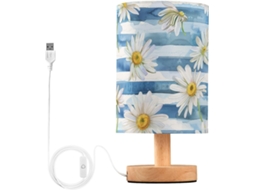 Luminária De Mesa Mnsruu Para Quarto E Sala Estar, Com Estampa De Margaridas Azuis Listradas E Portas Usb Para