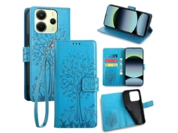 Capa Tipo Carteira De Couro Sintético Com Estampa De Árvore E Veado Azul Para Xiaomi Redmi Note 14 4g (163,25 X 76,55 X 8,16 Mm)