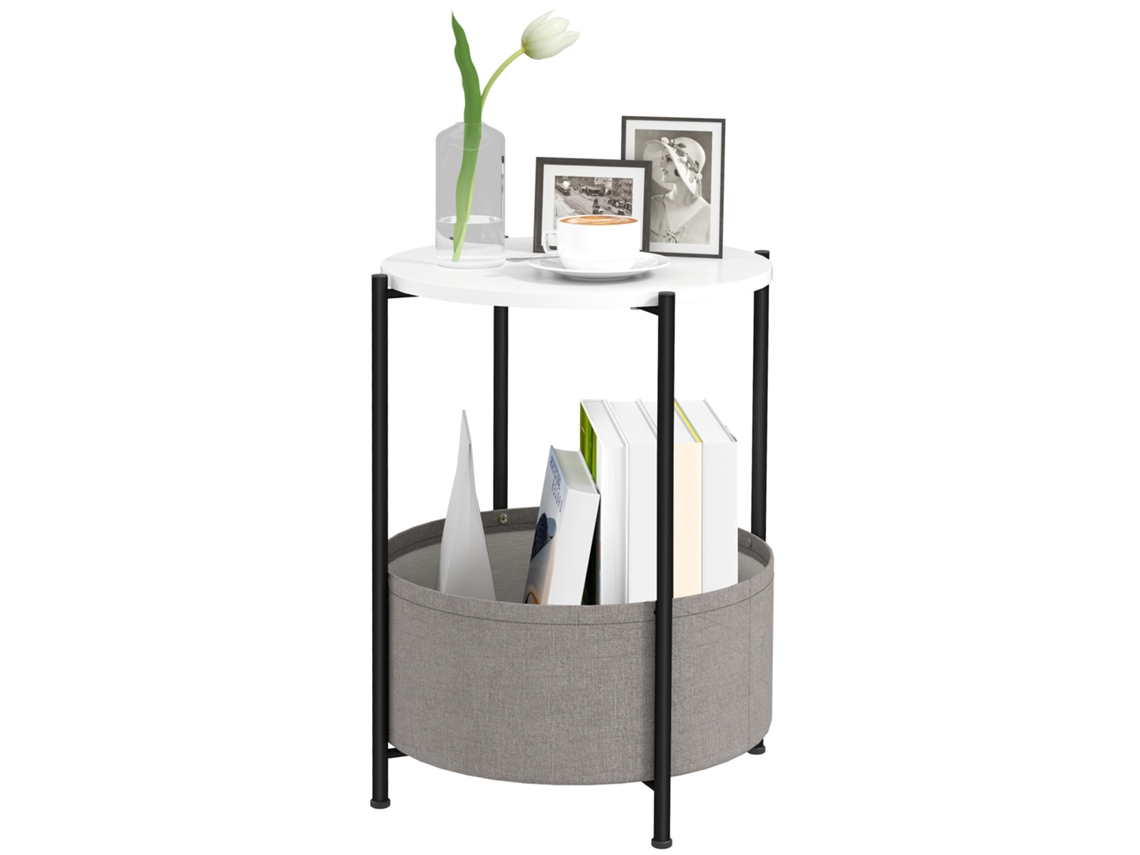 Mesa Auxiliar Redonda De 2 Níveis Com Cesto Têxtil, Mesa De Café Para Sala Quarto Espaços Pequenos Metal Cinza Branco