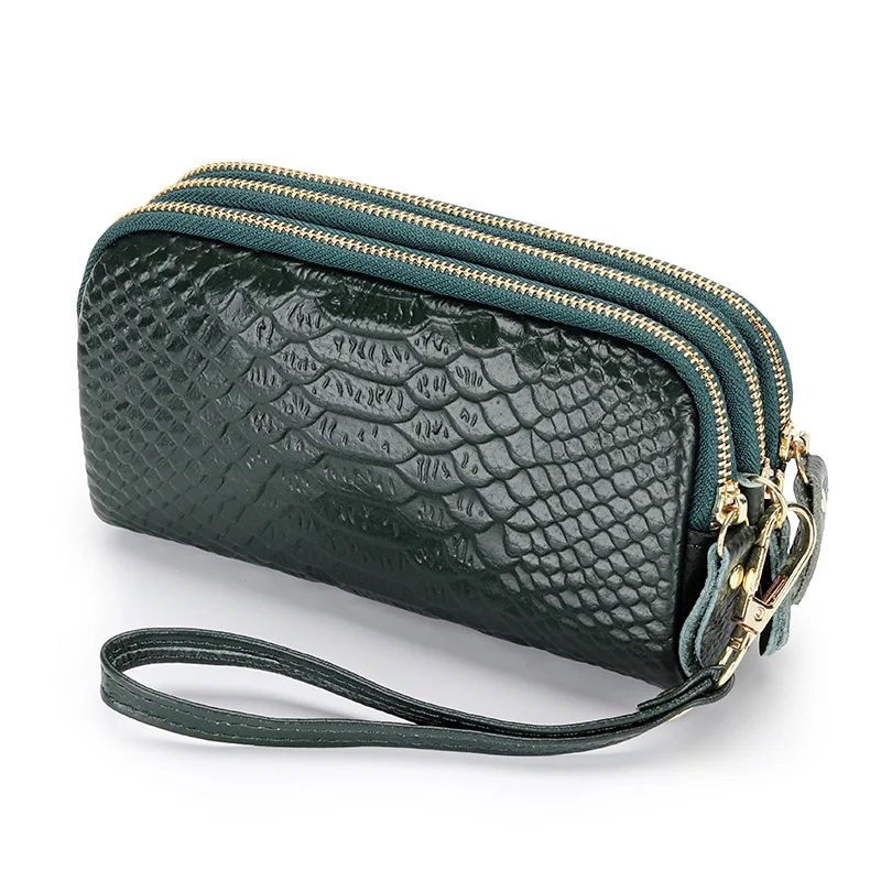 Carteira Feminina Em Couro Genuíno (verde), Bolsa De Pulso Longa Com Zíper, Carteira Feminina Moderna Com Estampa De Crocodilo.