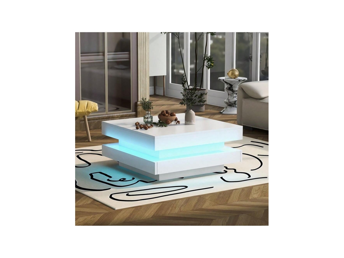 Mesa de centro quadrada Branca com barra de LED Bluetooth - Estilo tecnológico moderno, 70x70x36cm, Carga máxima de 45 kg