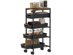 Carrinho De Cozinha De Armazenamento De 5 Níveis Auxiliar Com Rodas Bancada Com Efeito Madeira 39,5x24x82 Cm Preto