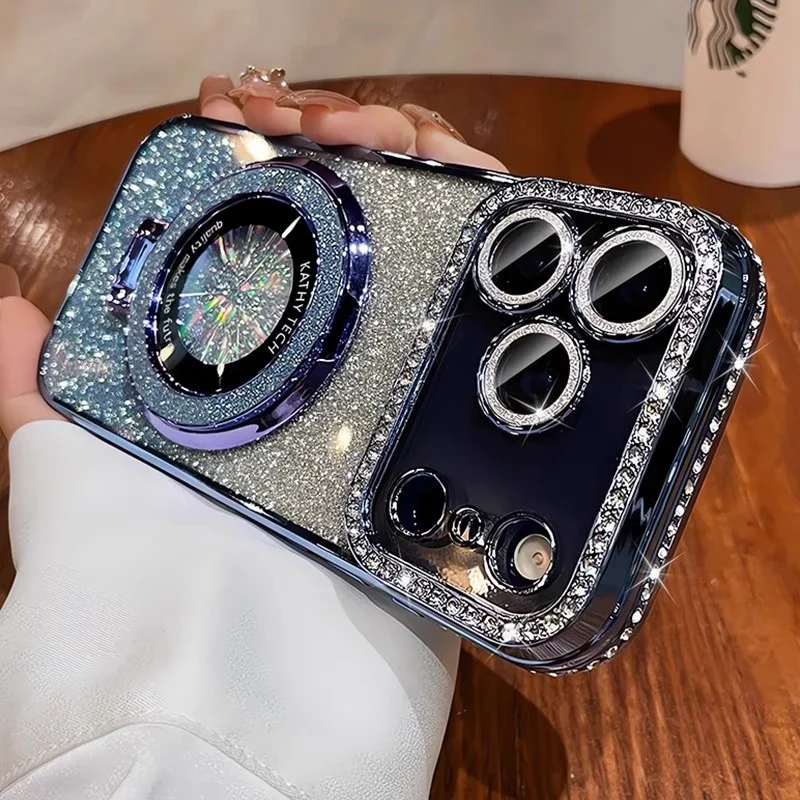 Capa Para Celular Com Suporte Magnético E Detalhes Em Strass (azul Para Iphone 13)