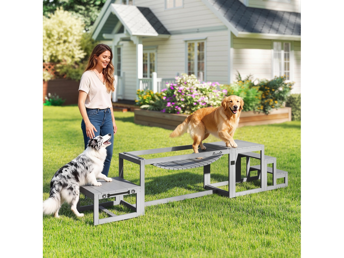 Kit De Agility Para Cães Com 3 Itens: Ponte, Escadas E Plataforma Em Madeira De Abeto - 117 X 50 X 56 Cm, Cinza
