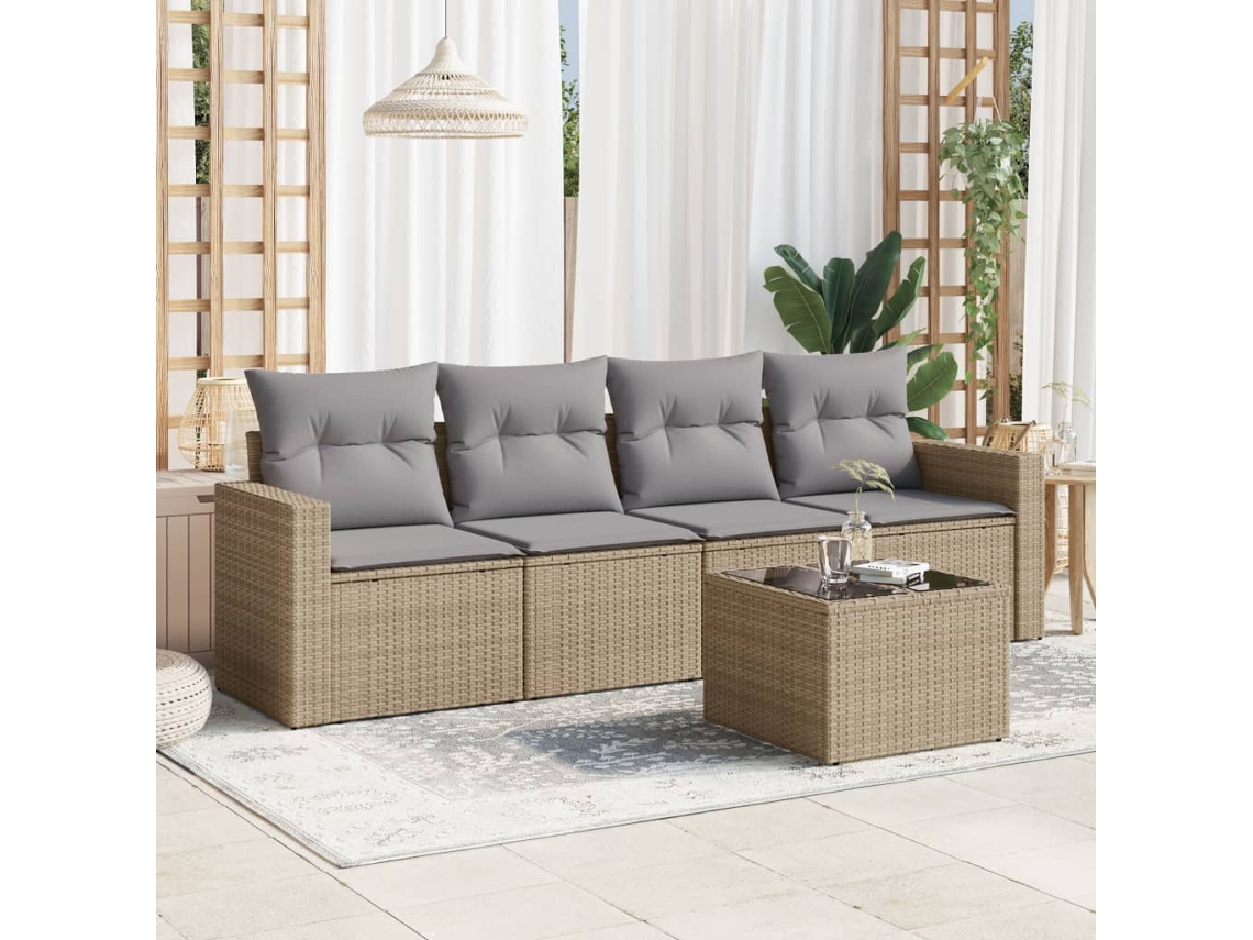 Vidaxl 5 Pcs Conjunto De Sofás P/ Jardim Com Almofadões Vime Pe Bege