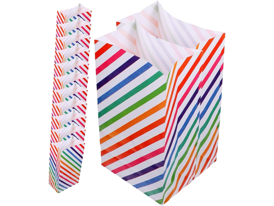 Sacolas De Papel Com Estampa De Listras Do Arco Íris Para Doces E Salgadinhos De Aniversário. Gokoco