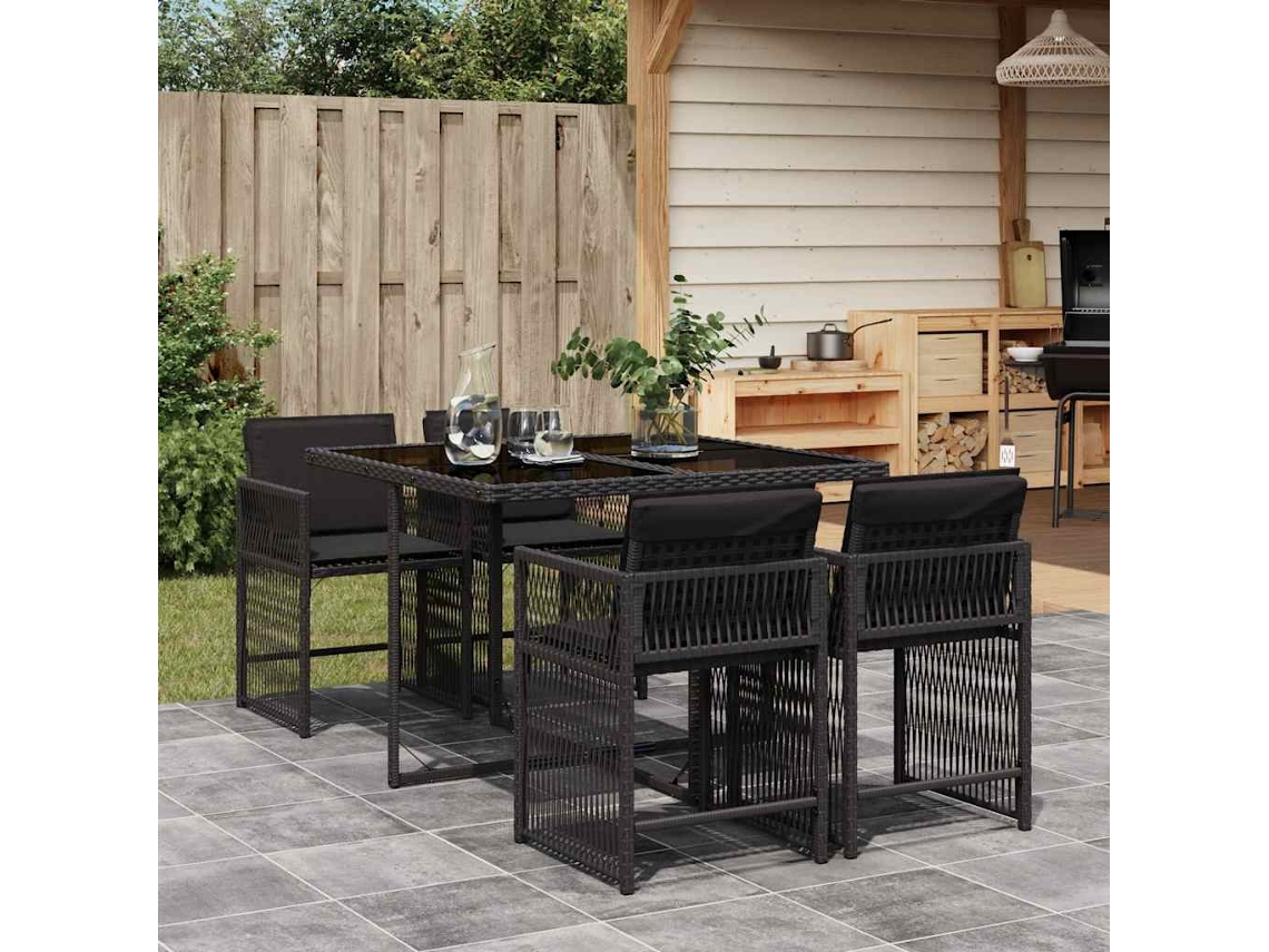 Vidaxl 5 Pcs Conjunto De Jantar P/ Jardim C/ Almofadões Vime Pe Preto