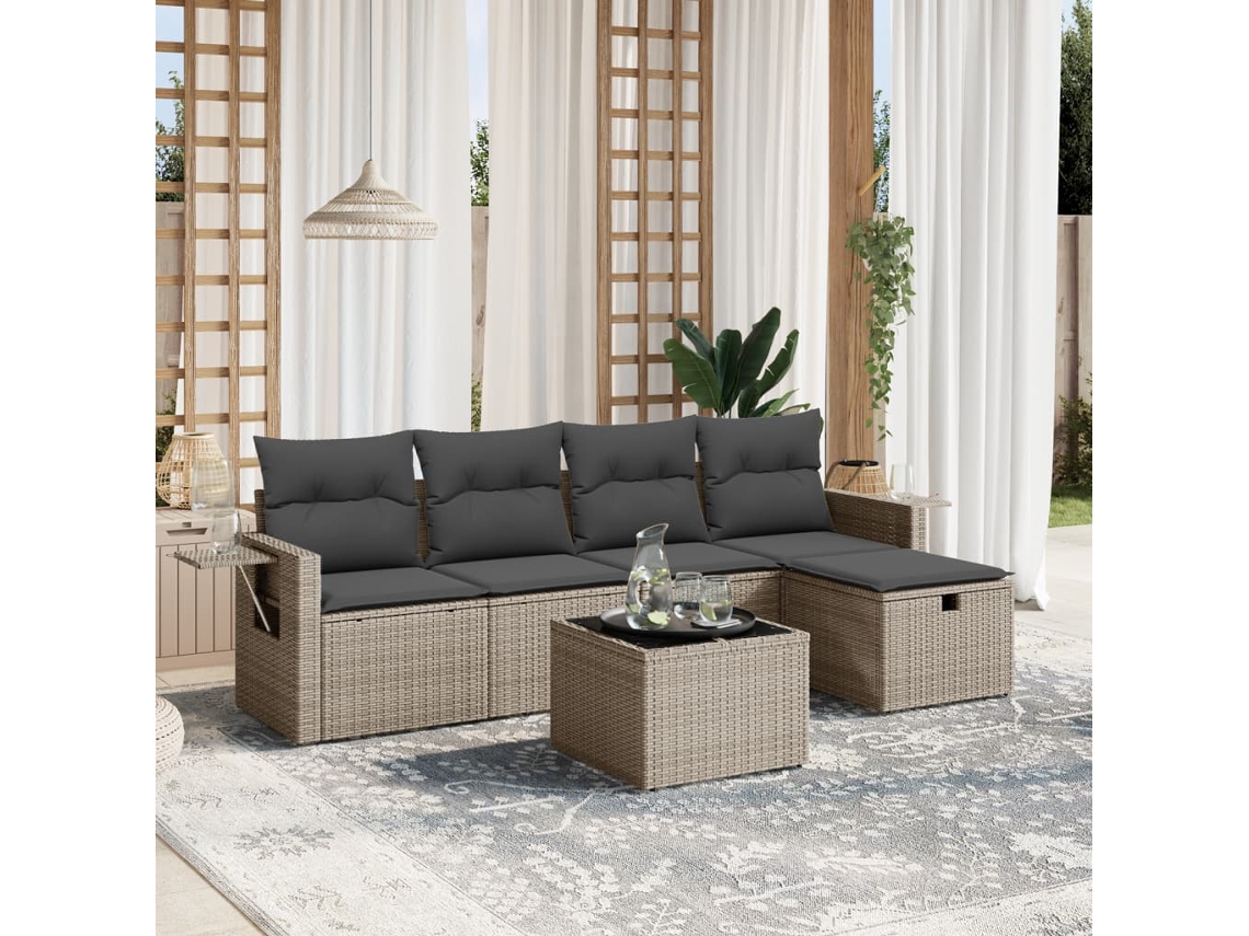 Vidaxl 6 Pcs Conjunto Sofás De Jardim Com Almofadões Vime Cinzento