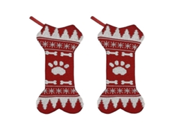 Meias personalizadas de lã vermelha em formato de osso para cães, perfeitas para decoração de Natal.
